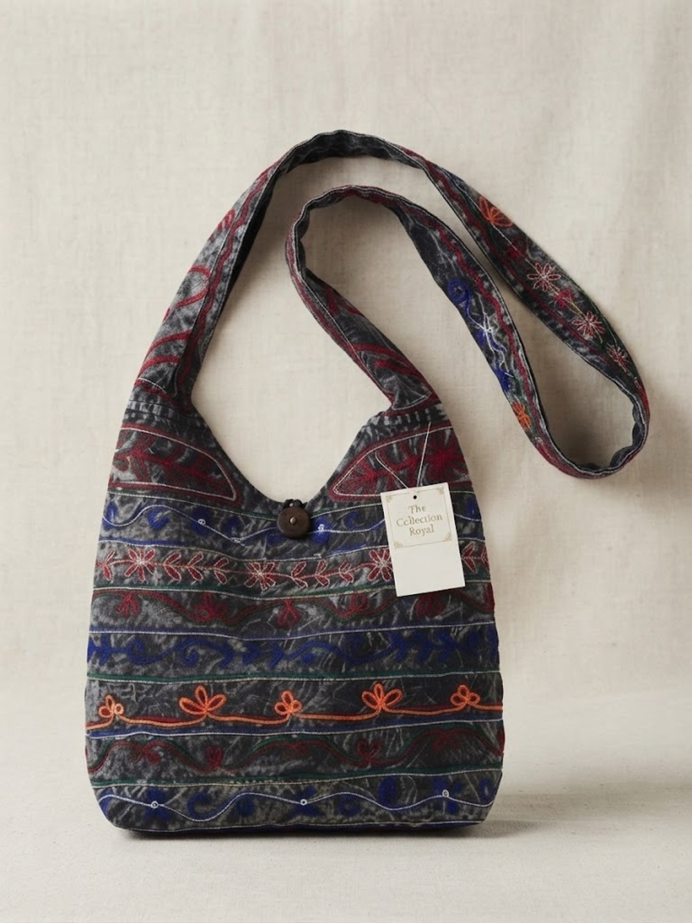 Royal Collection Embroidered Crossbody Boho Cotton Slouch Hobo Bag